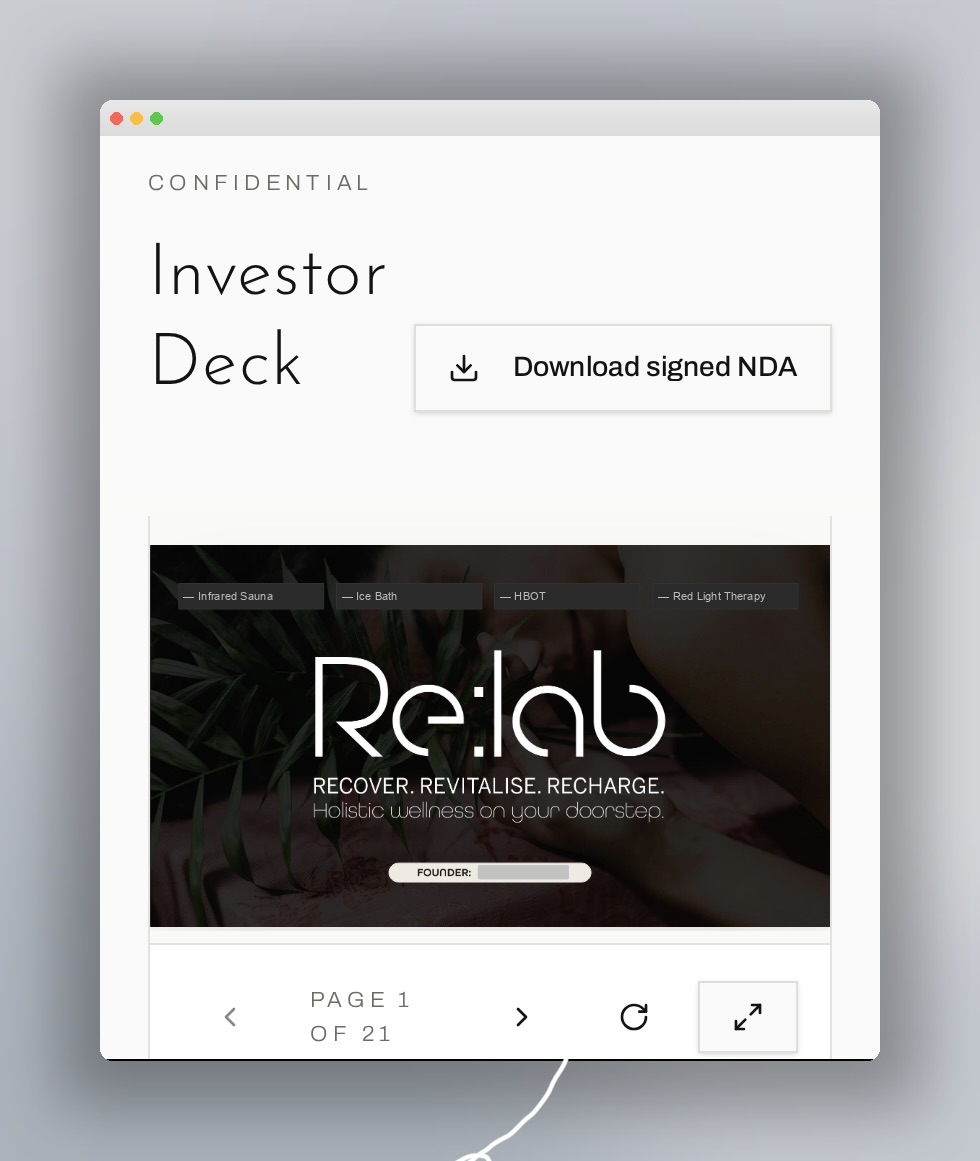 Re:lab confidential investor deck viewer on a mobile-sized browser window with NDA download