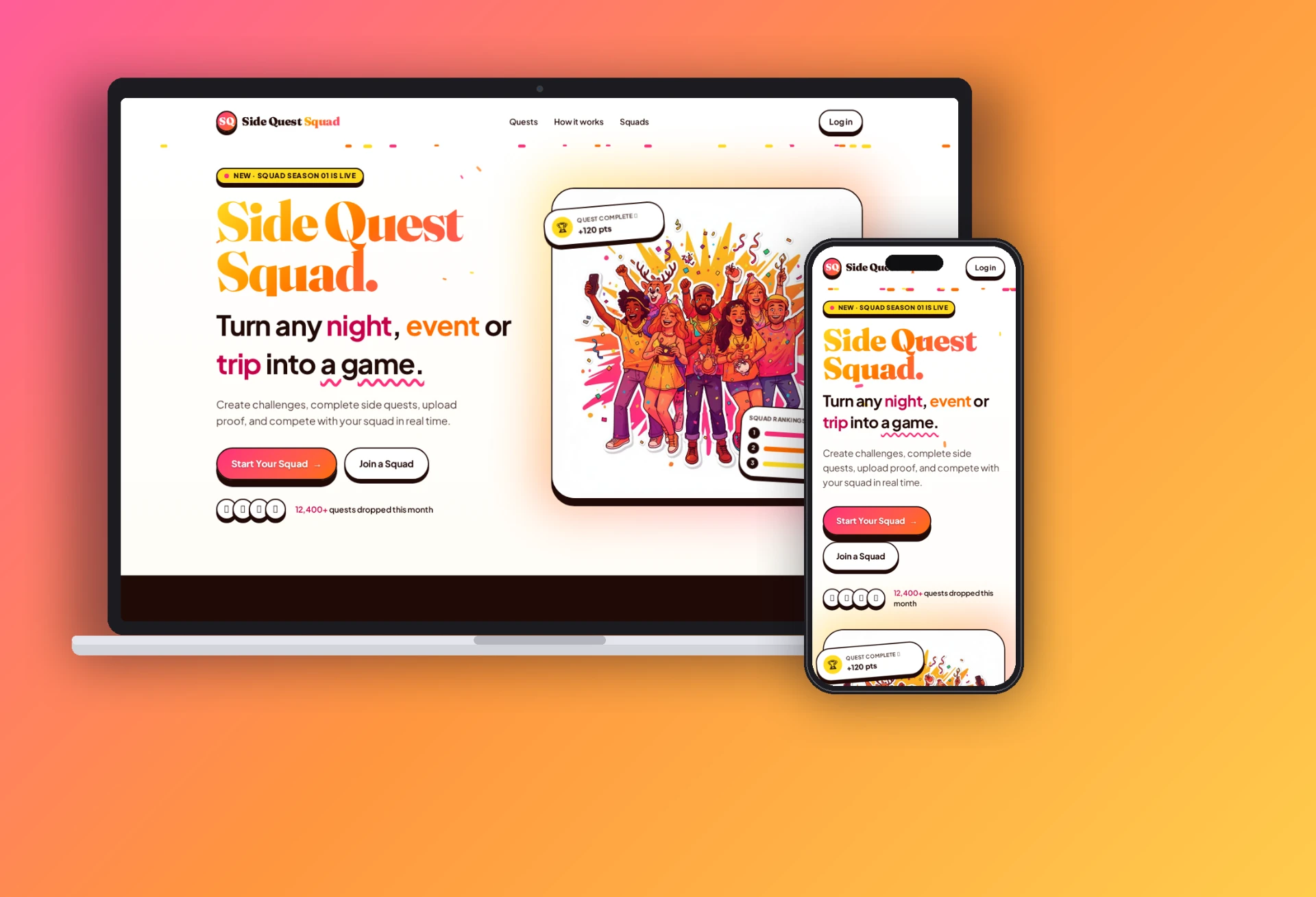 Side Quest Squad website shown on a laptop and phone, with an illustrated hero and sign-up calls to action