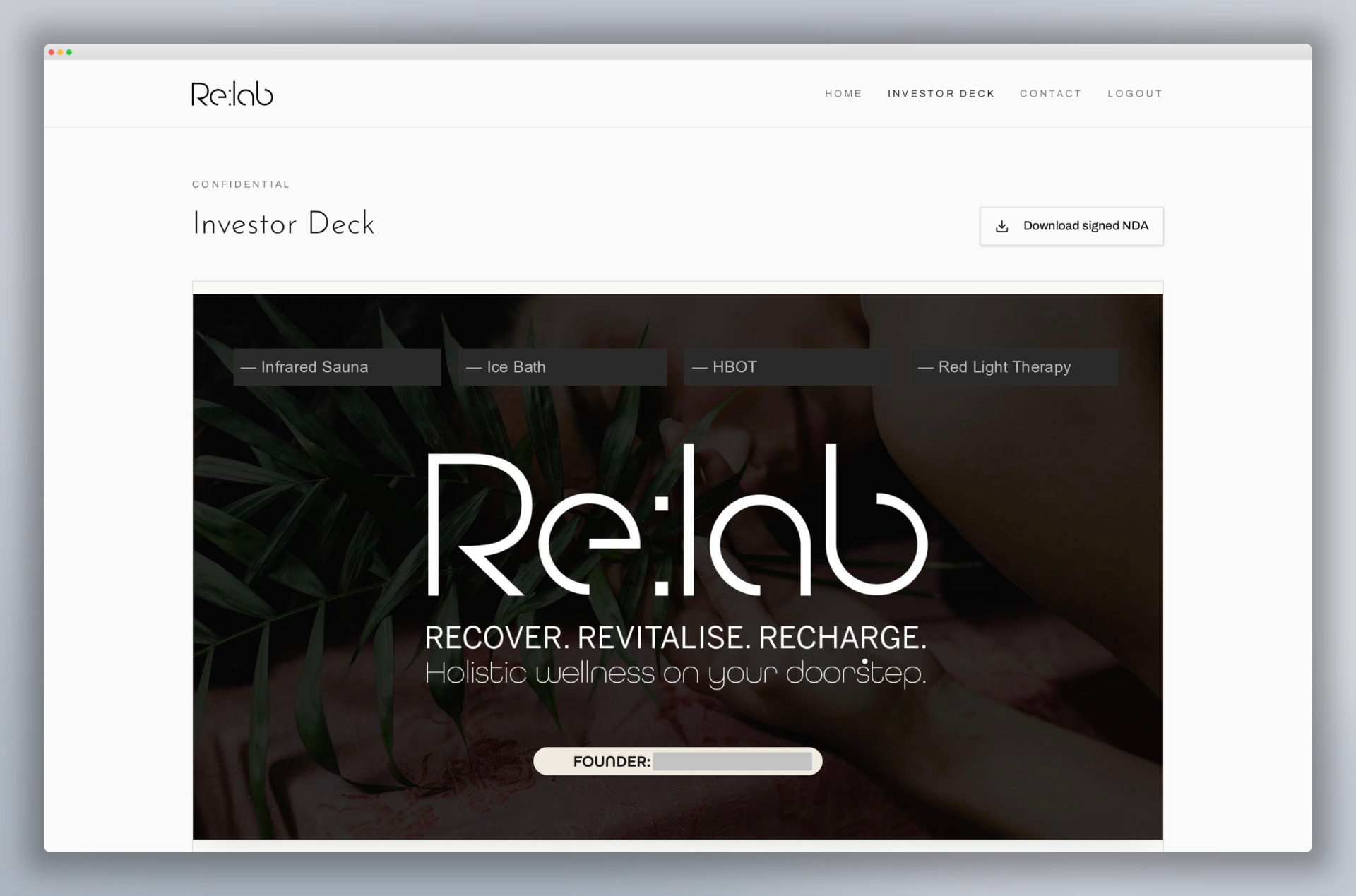 Re:lab confidential investor deck viewer showing the cover slide and deck navigation