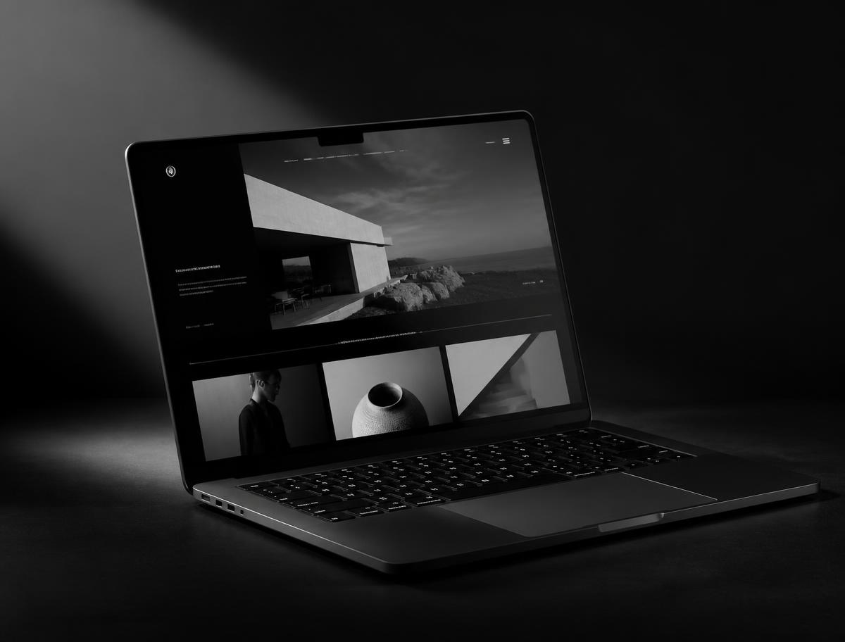Laptop displaying a minimal monochrome website design